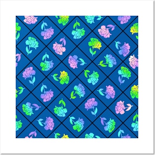 Window Pane Diagonal Floral Black Line on Blue Posters and Art